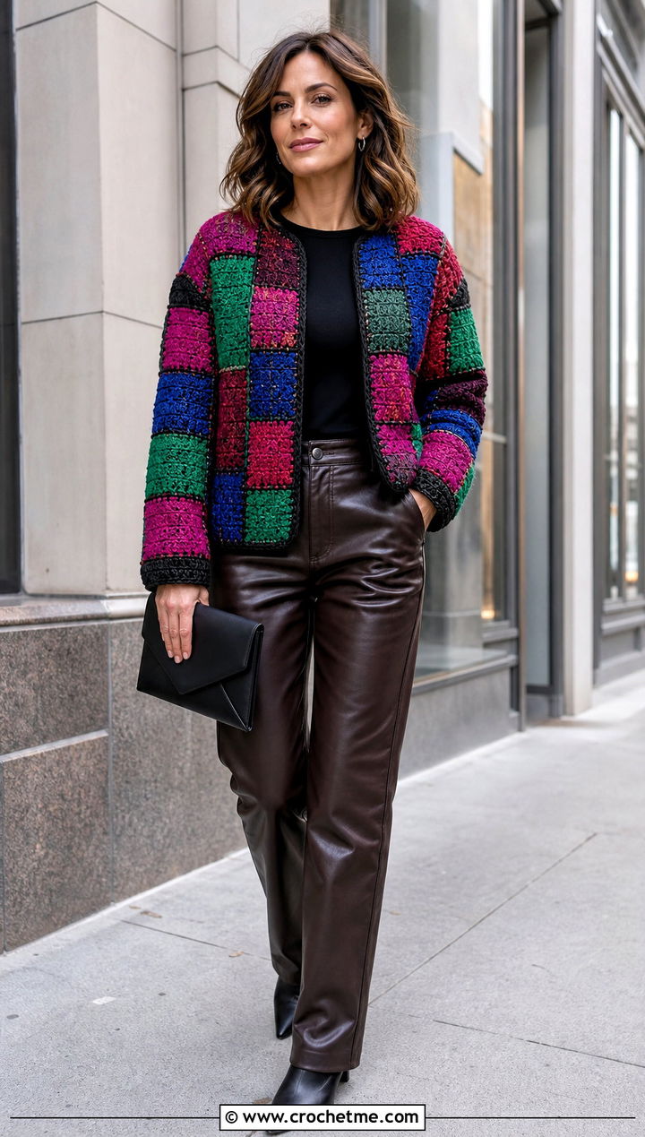 Patchwork Crochet Jacket With Leather Pants - 20 Crochet Ladies Jacket outfit ideas