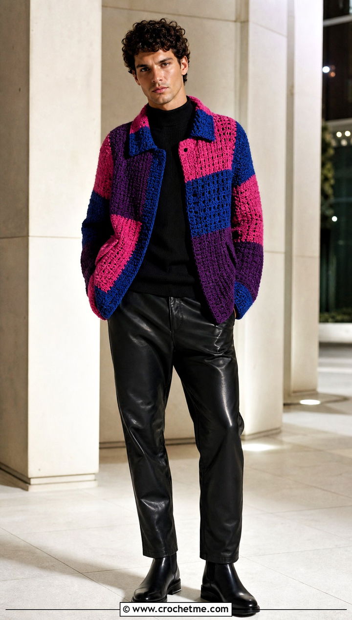 Patchwork Crochet Jacket With Leather Trousers - 25 Crochet Men Clothing and outfit ideas