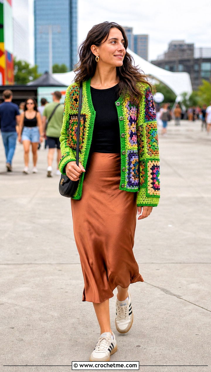 Patchwork Crochet Jacket With Satin Midi Skirt - 25 crochet festival clothes and outfit ideas
