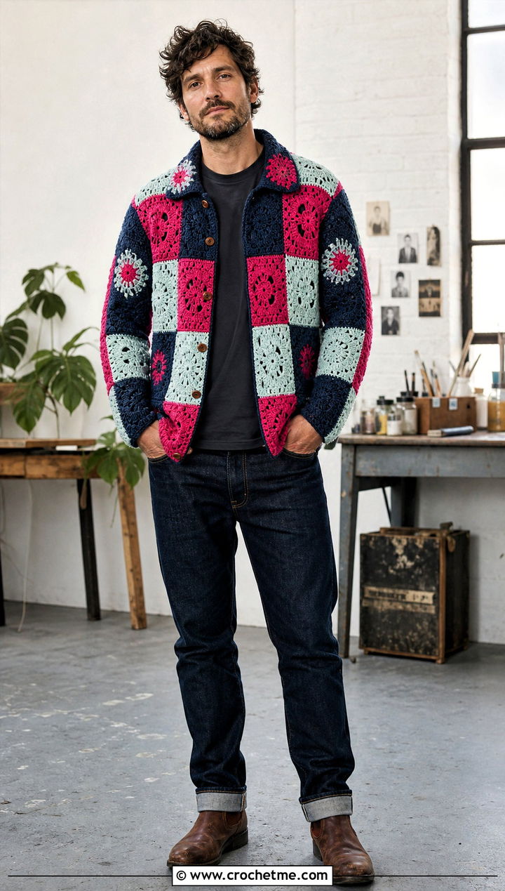 Patchwork Crochet Jacket With Selvedge Jeans - 30 Mens Crochet Outfit ideas