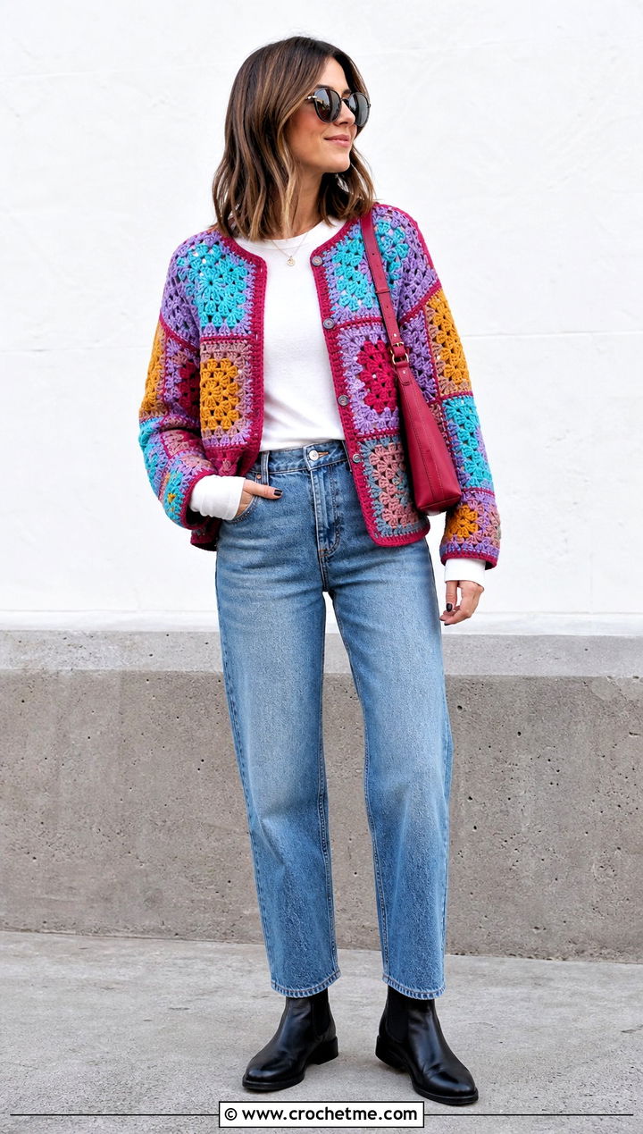 Patchwork Crochet Jacket With Straight Leg Jeans - 30 crochet winter jacket outfit ideas