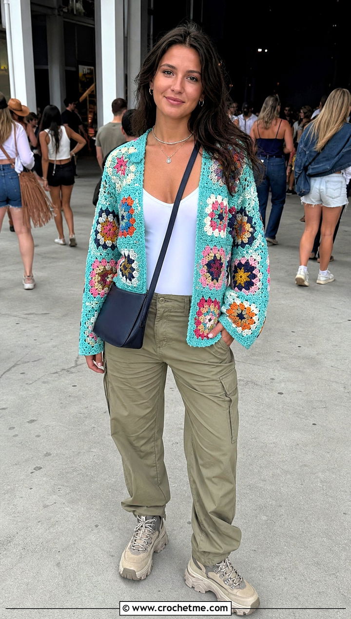 Patchwork Crochet Jacket With Utility Pants - 25 K Pop Crochet Clothes and outfit ideas