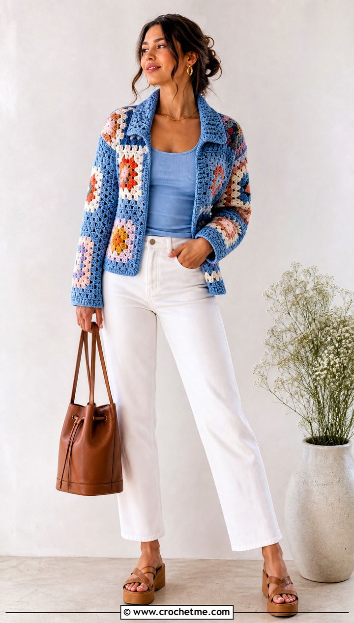 Patchwork Crochet Jacket With White Denim - 25 crochet clothes jacket outfit ideas