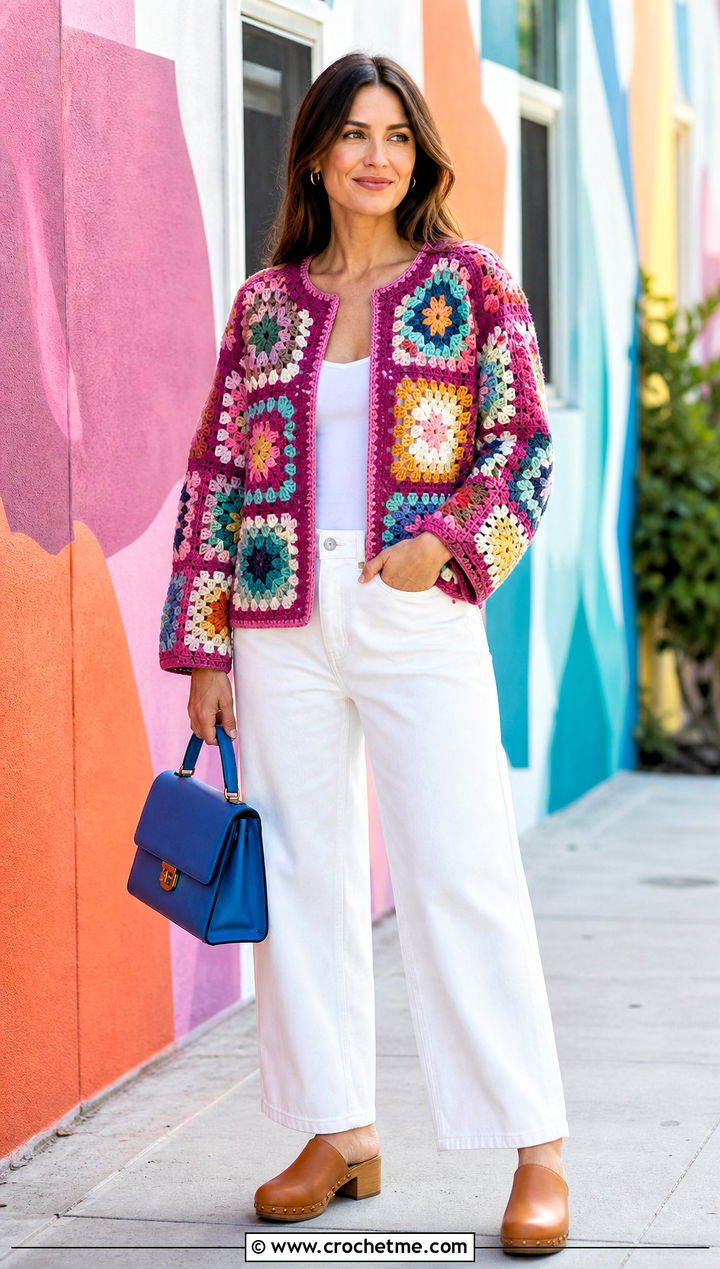 Patchwork Crochet Jacket With White Denim - 35 spring summer crochet clothes ideas