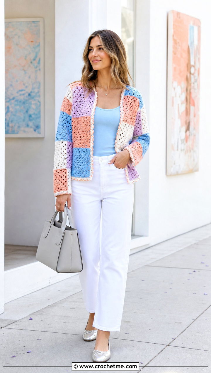 Patchwork Crochet Jacket With White Jeans - 35 crocheted jacket outfit ideas