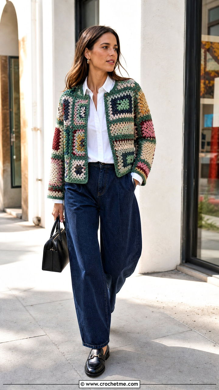 Patchwork Crochet Jacket With White Shirt And Barrel Jeans - 35 crochet coats & jackets outfit ideas