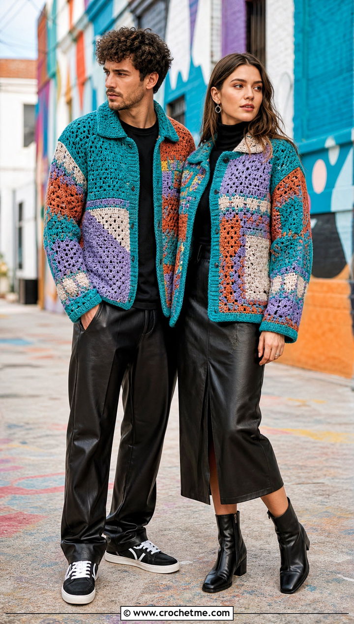Patchwork Crochet Jackets With Leather Separates - 30 couples crochet outfit ideas