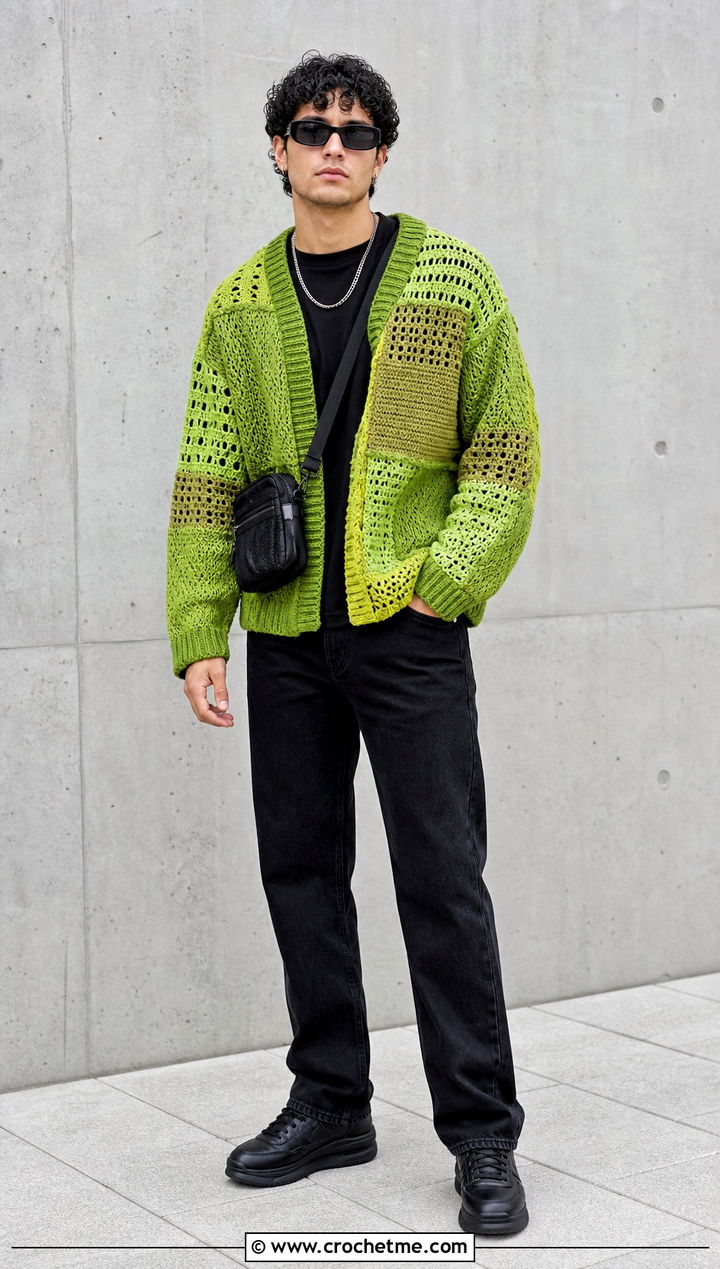 Patchwork Crochet Jumper With Black Jeans - 25 mens crochet jumper outfit ideas