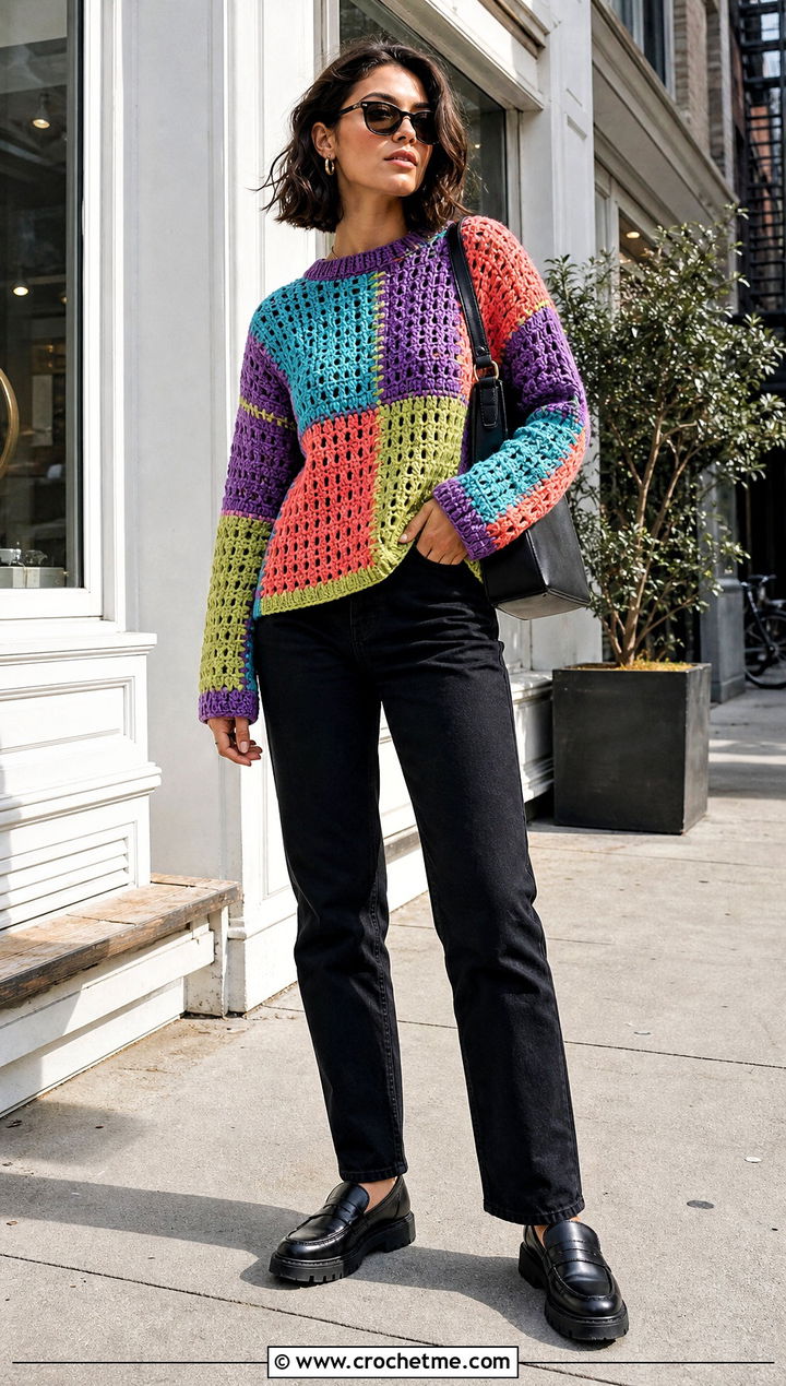 Patchwork Crochet Jumper With Black Jeans - 25 Cute Crochet Jumper outfit ideas