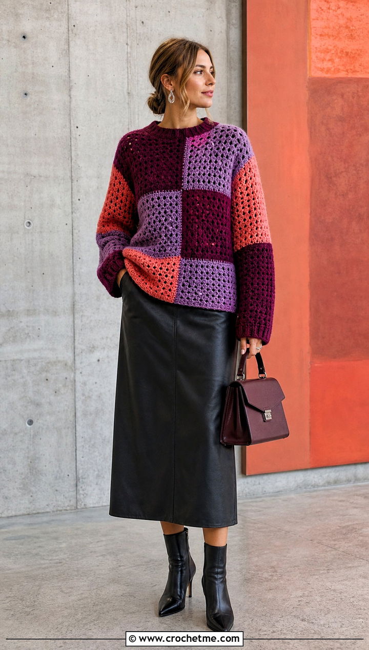 Patchwork Crochet Jumper With Leather Midi Skirt - 35 easy crochet jumper outfit ideas