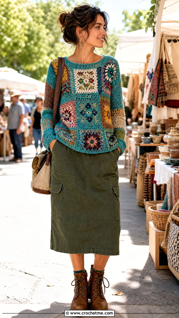 Patchwork Crochet Jumper With Utility Midi Skirt - 35 crochet jumper outfit ideas