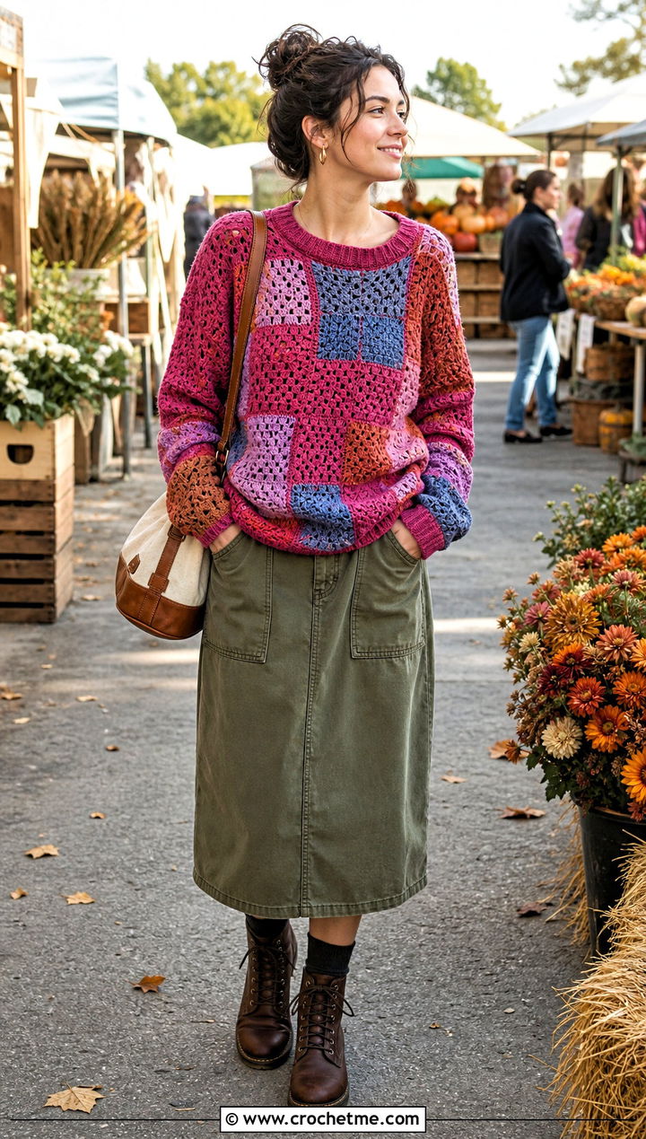 Patchwork Crochet Jumper With Utility Skirt - 20 Beginner Crochet Jumper outfit ideas