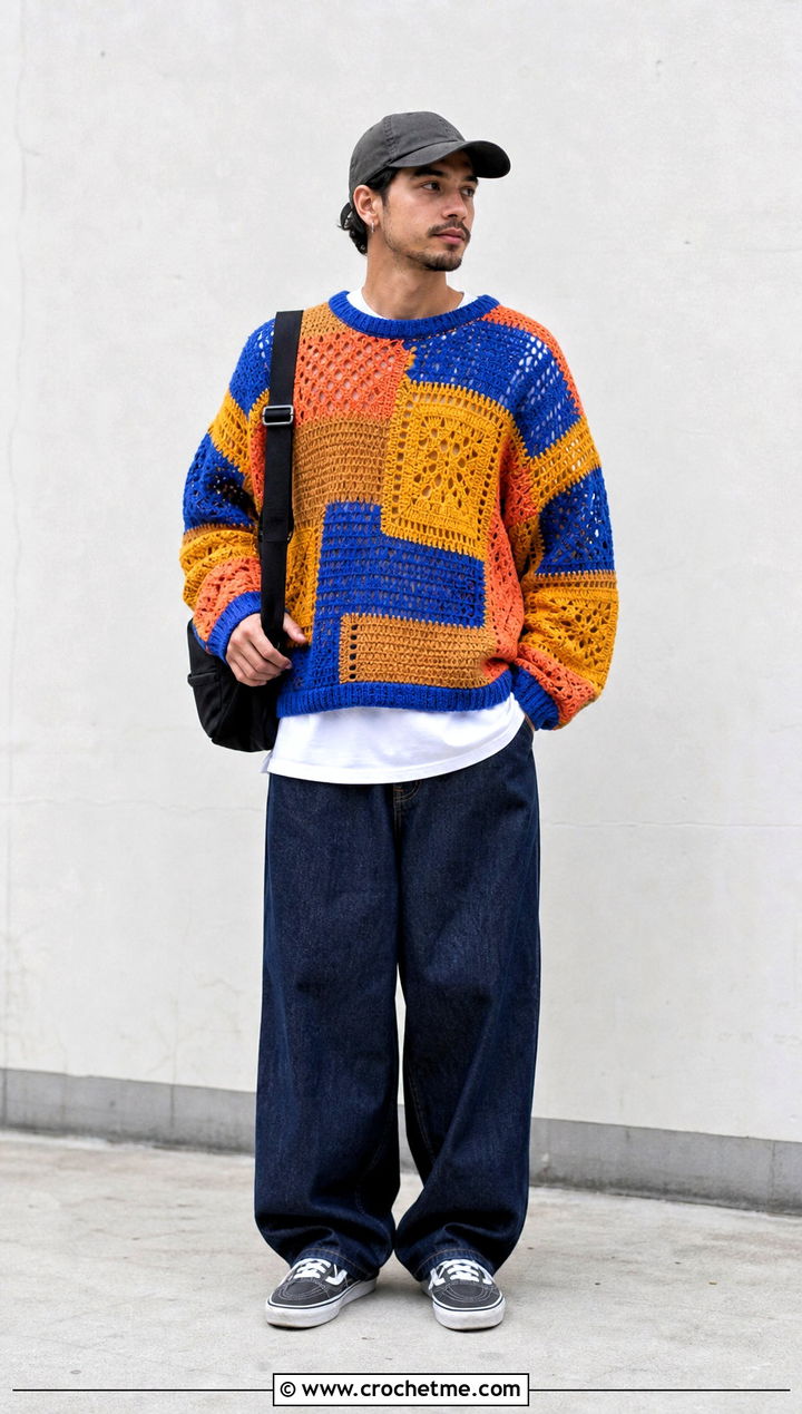 Patchwork Crochet Jumper With Wide Leg Jeans - 35 men crochet jumper outfit ideas