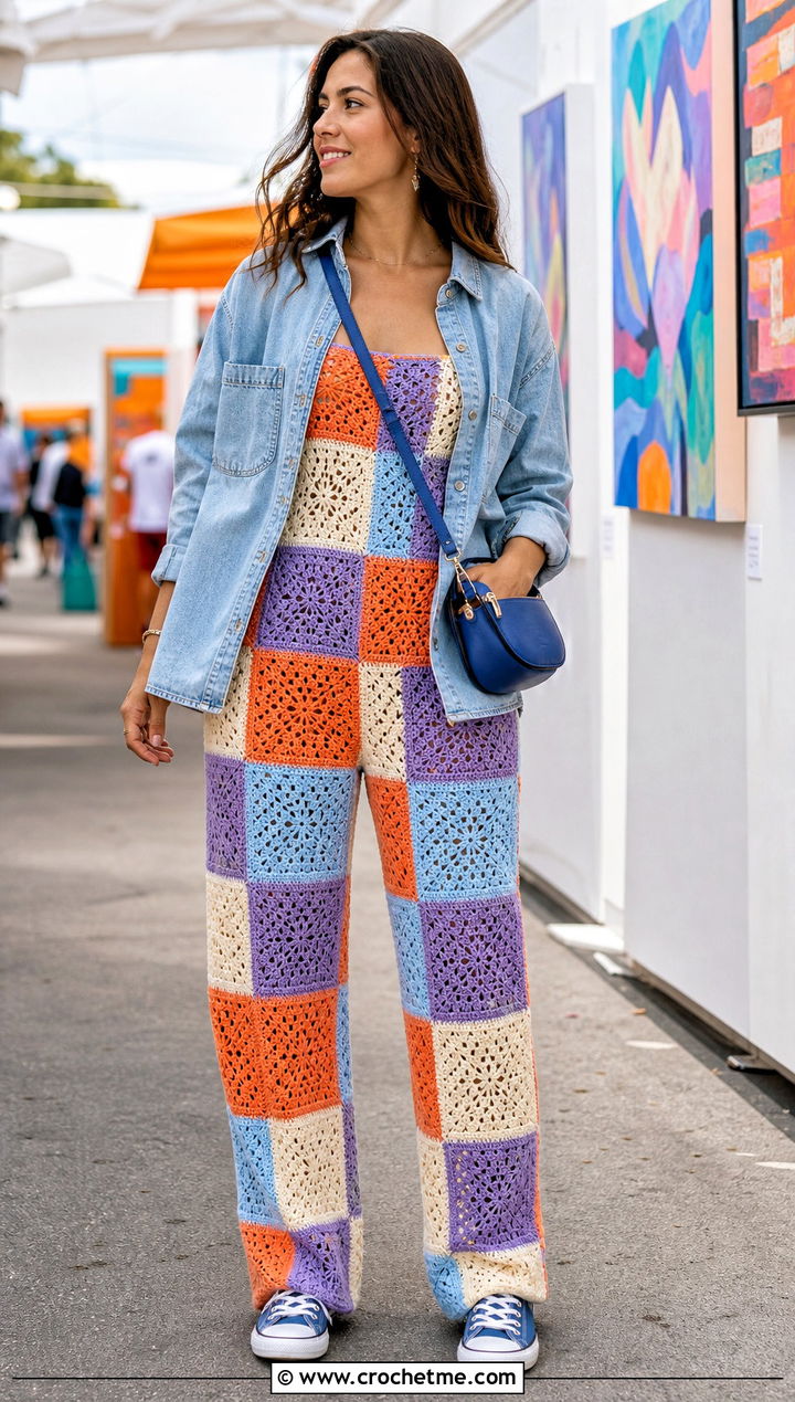 Patchwork Crochet Jumpsuit With Canvas Sneakers - 30 Women Crochet Jumpsuit outfit ideas