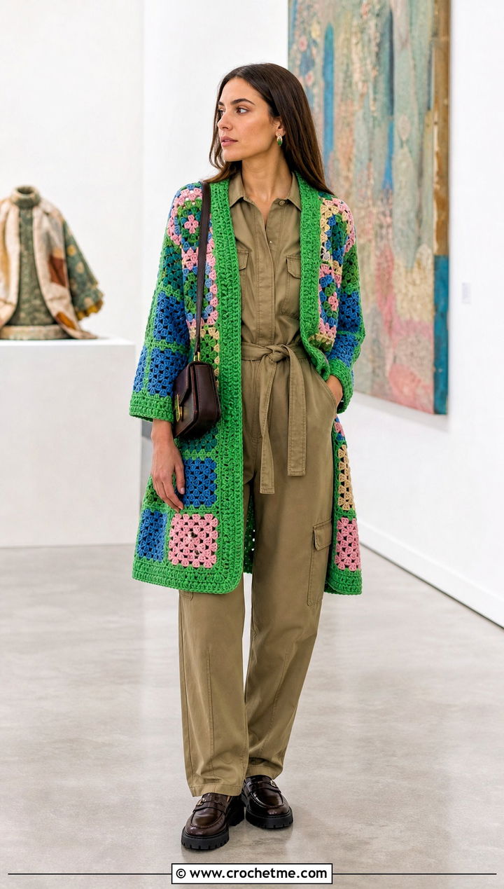 Patchwork Crochet Kimono Cardigan With Utility Jumpsuit - 35 crochet kimono cardigan outfit ideas