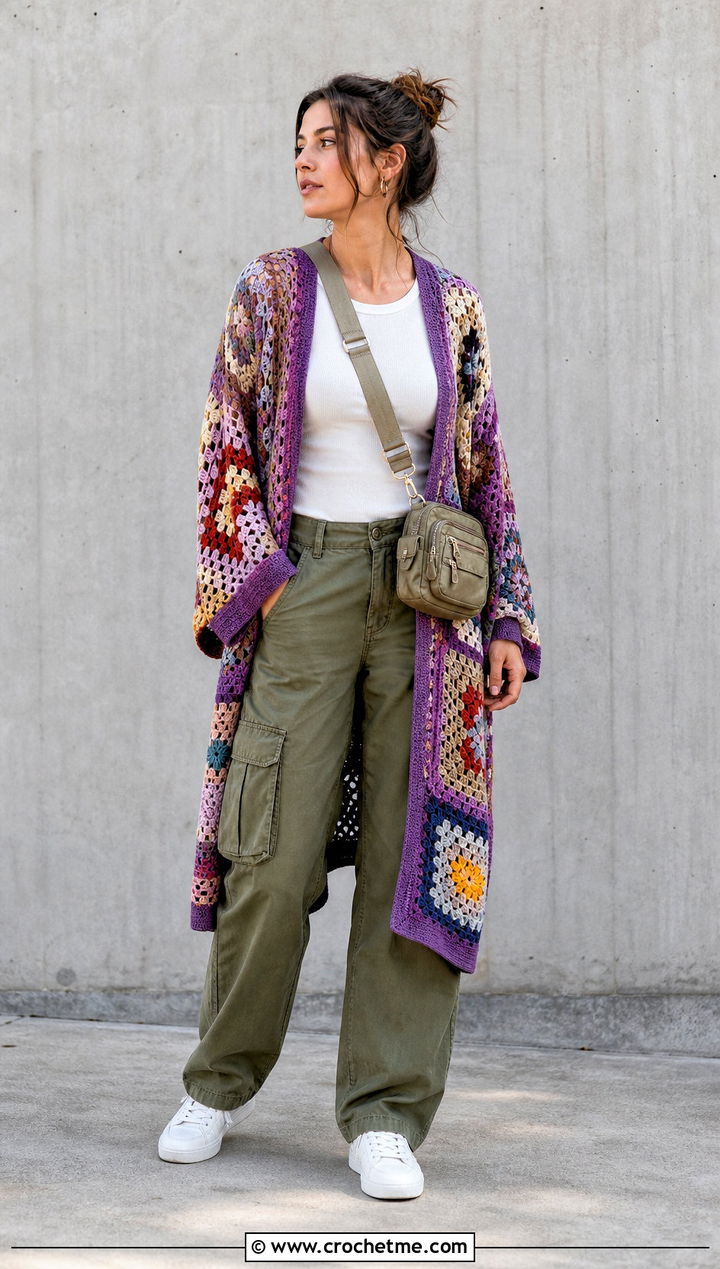 Patchwork Crochet Kimono With Cargo Pants - 25 easy crochet kimono outfit ideas