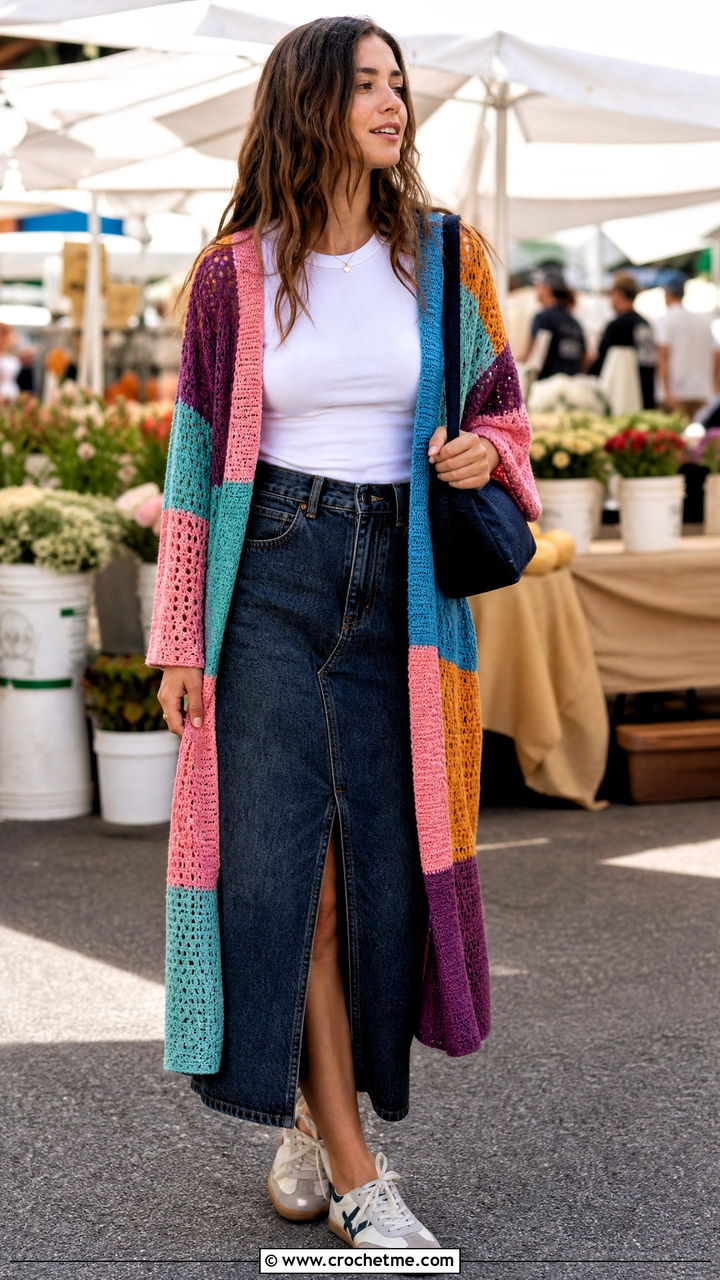 Patchwork Crochet Kimono With Denim Midi Skirt - 35 crochet kimono outfit ideas