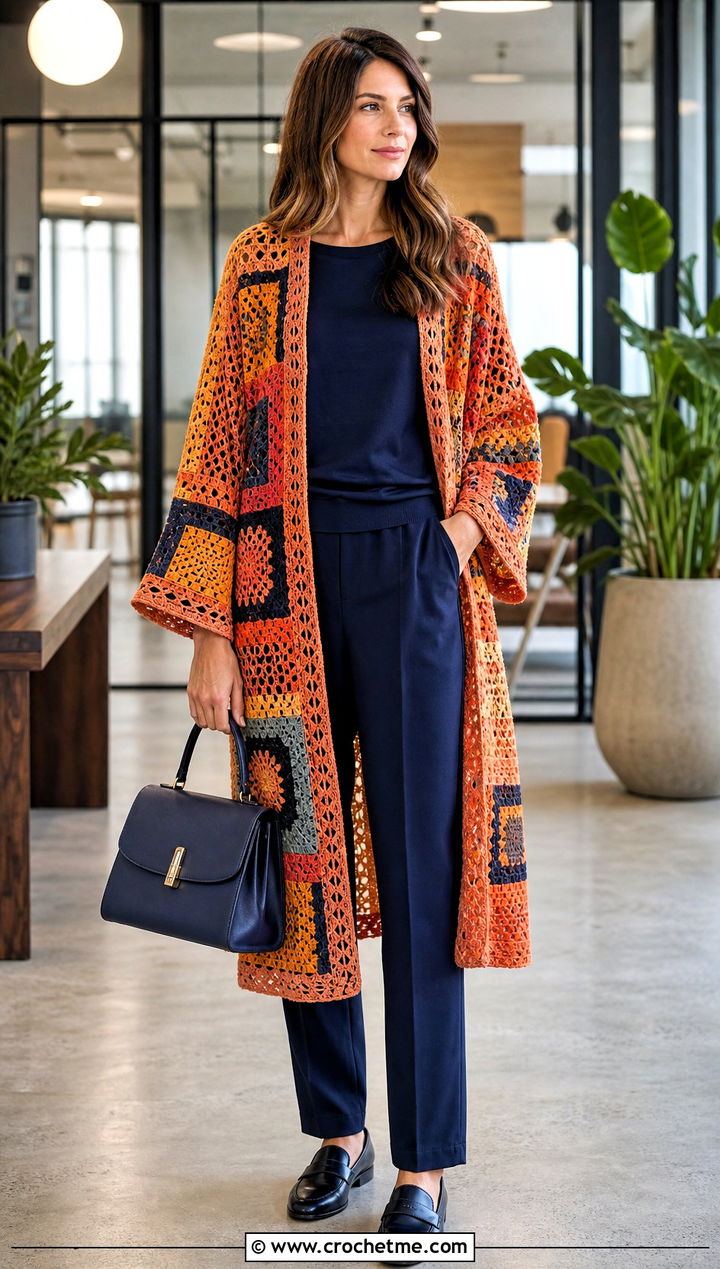 Patchwork Crochet Kimono With Monochrome Shirt And Pants - 30 Boho Crochet Kimono outfit ideas