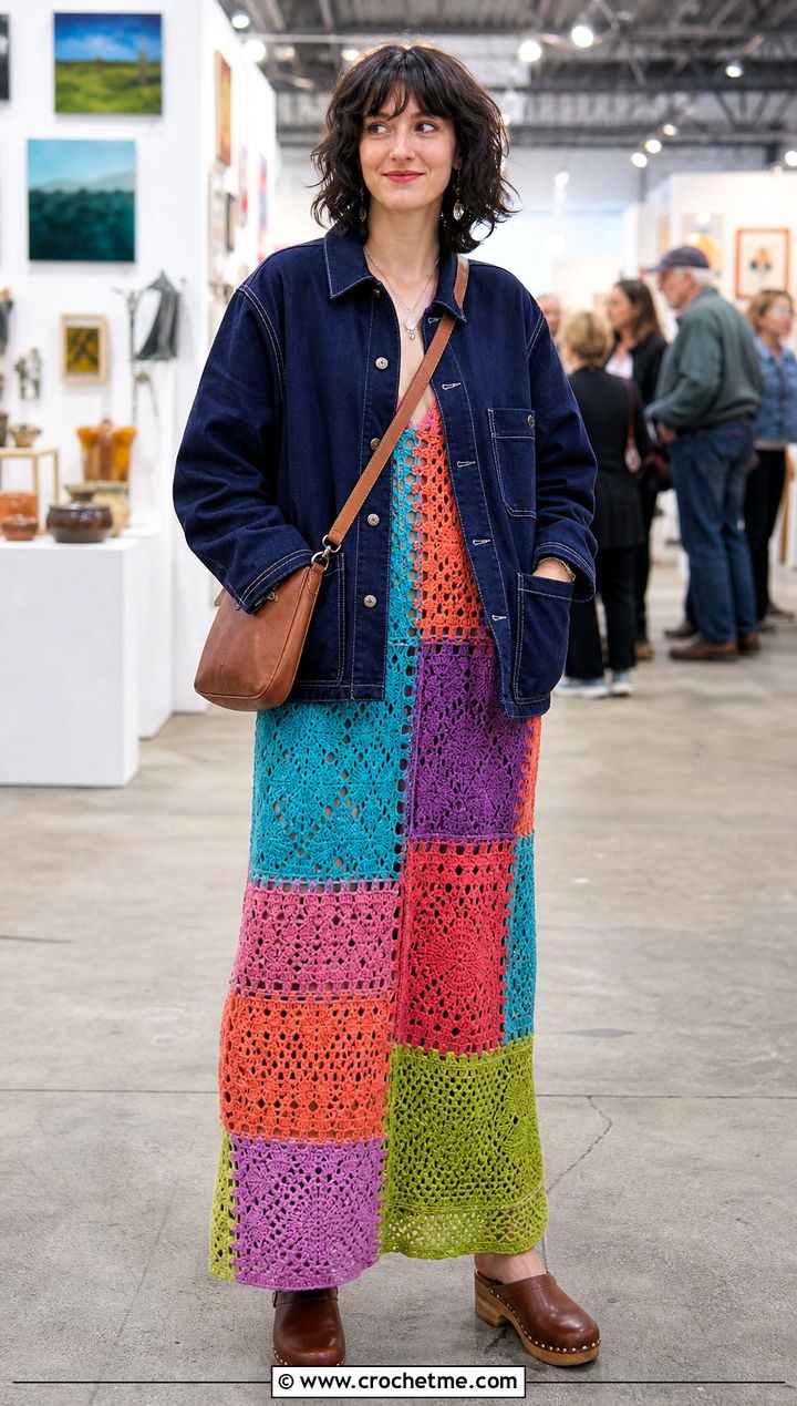 Patchwork Crochet Knit Maxi Dress With Chore Jacket - 35 Crochet Knit Dress outfit ideas