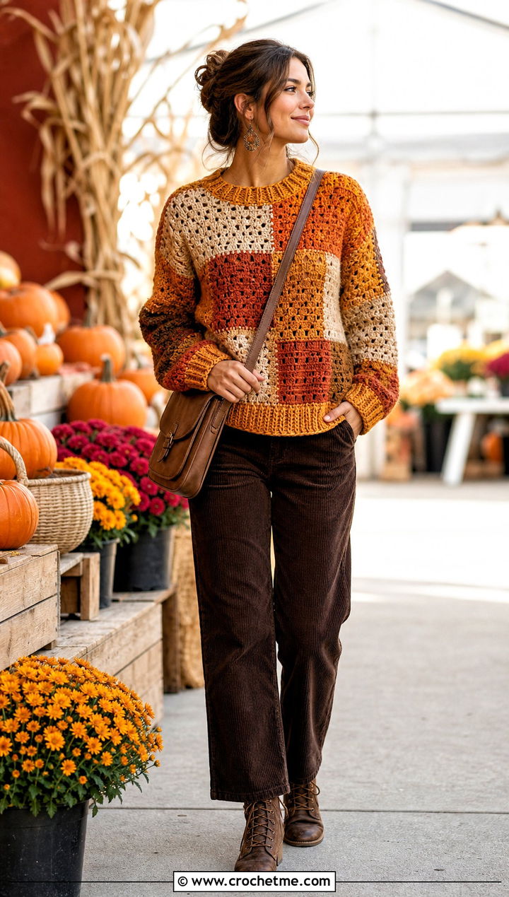 Patchwork Crochet Knit Sweater With Corduroy Pants - 35 Crochet Knit Sweater outfit ideas