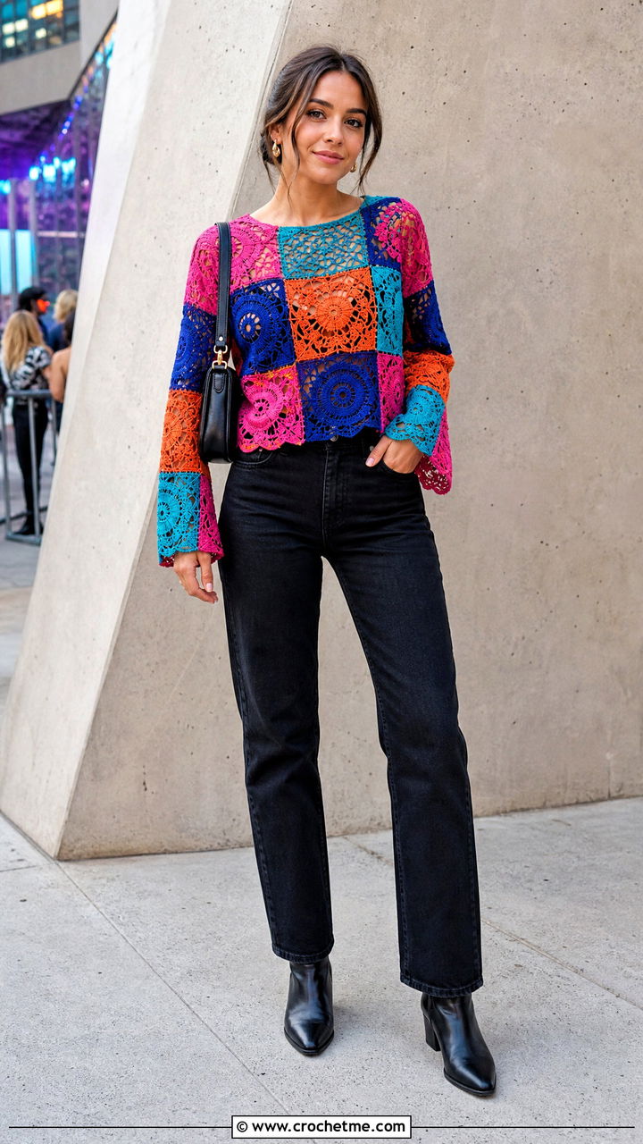 Patchwork Crochet Lace Blouse With Black Jeans - 35 crochet lace blouse outfit ideas
