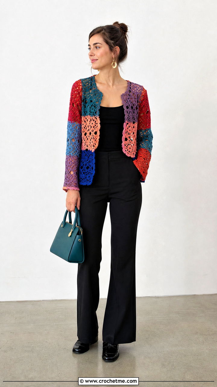Patchwork Crochet Lace Jacket With Black Separates - 35 crochet lace jacket outfit ideas