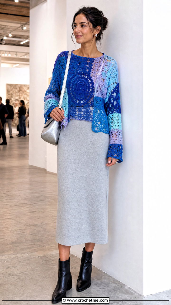 Patchwork Crochet Lace Sweater With Column Dress - 35 crochet lace sweater outfit ideas