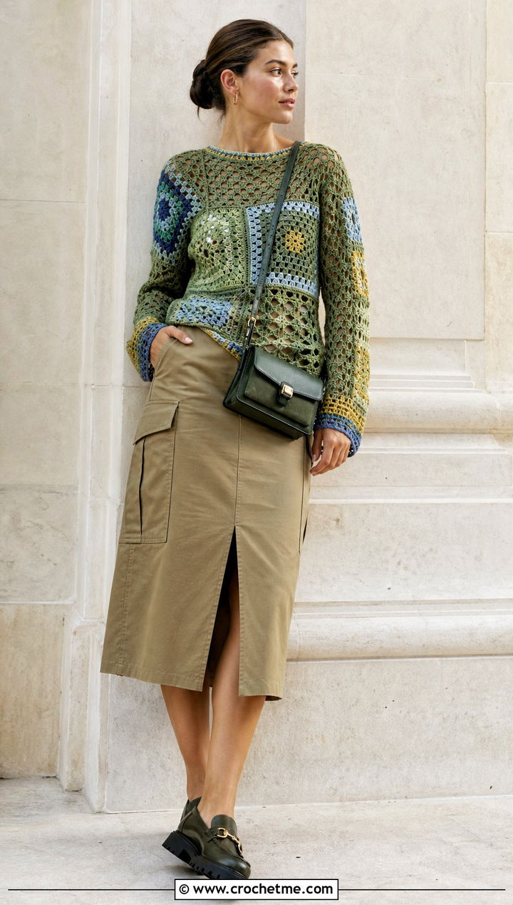 Patchwork Crochet Lacy Sweater With Utility Skirt - 25 crochet lacy sweater outfit ideas