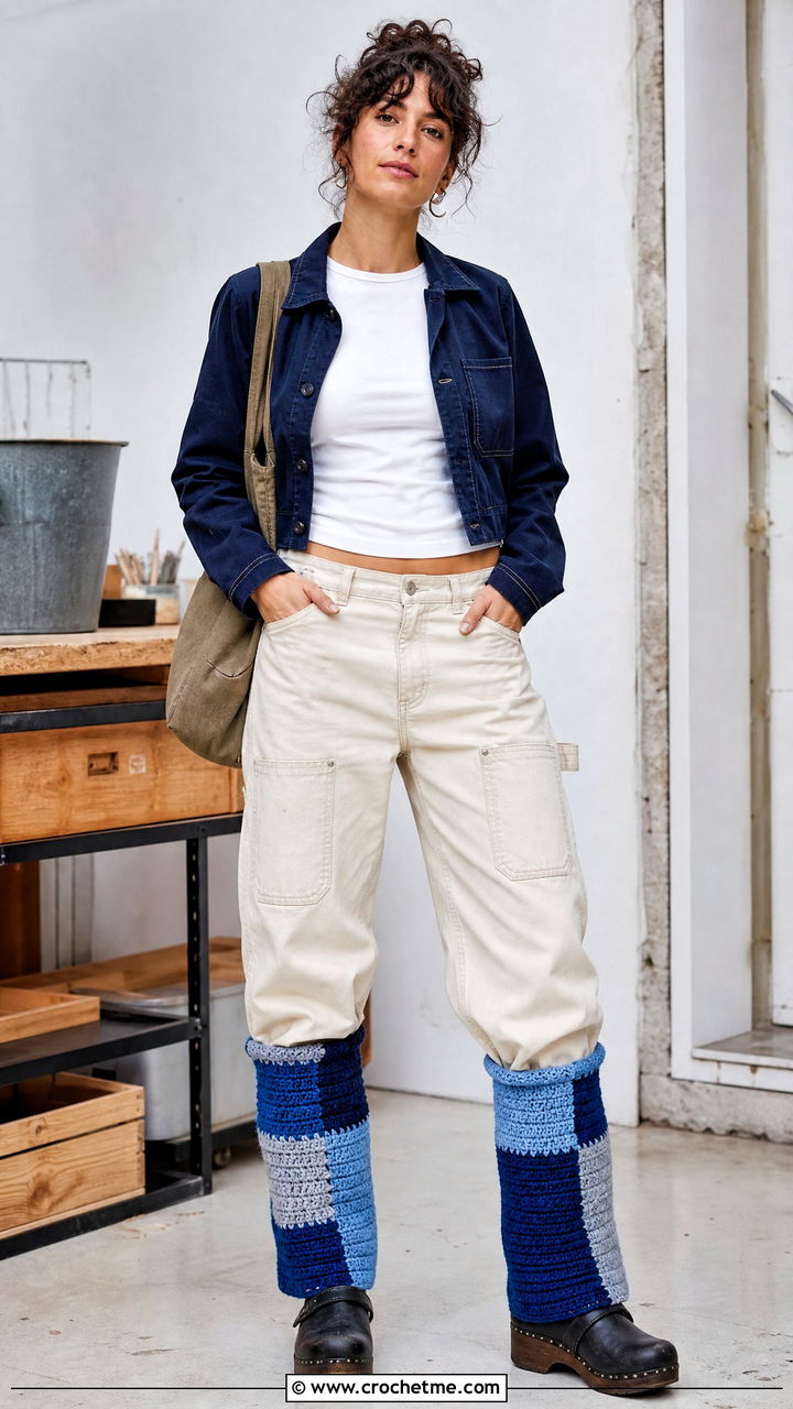 Patchwork Crochet Leg Warmers With Carpenter Jeans - 35 crochet leg warmers outfit ideas
