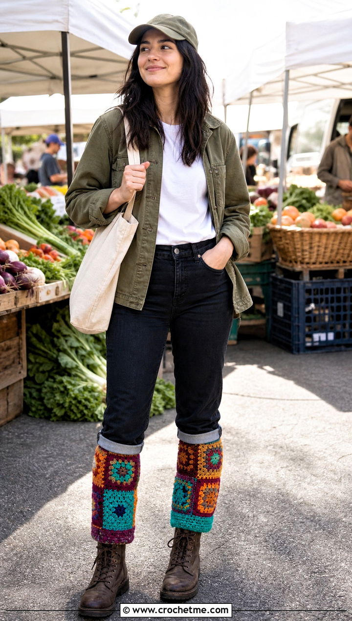 Patchwork Crochet Leg Warmers With Chore Jacket - 35 Easy Crochet Leg Warmers outfit ideas