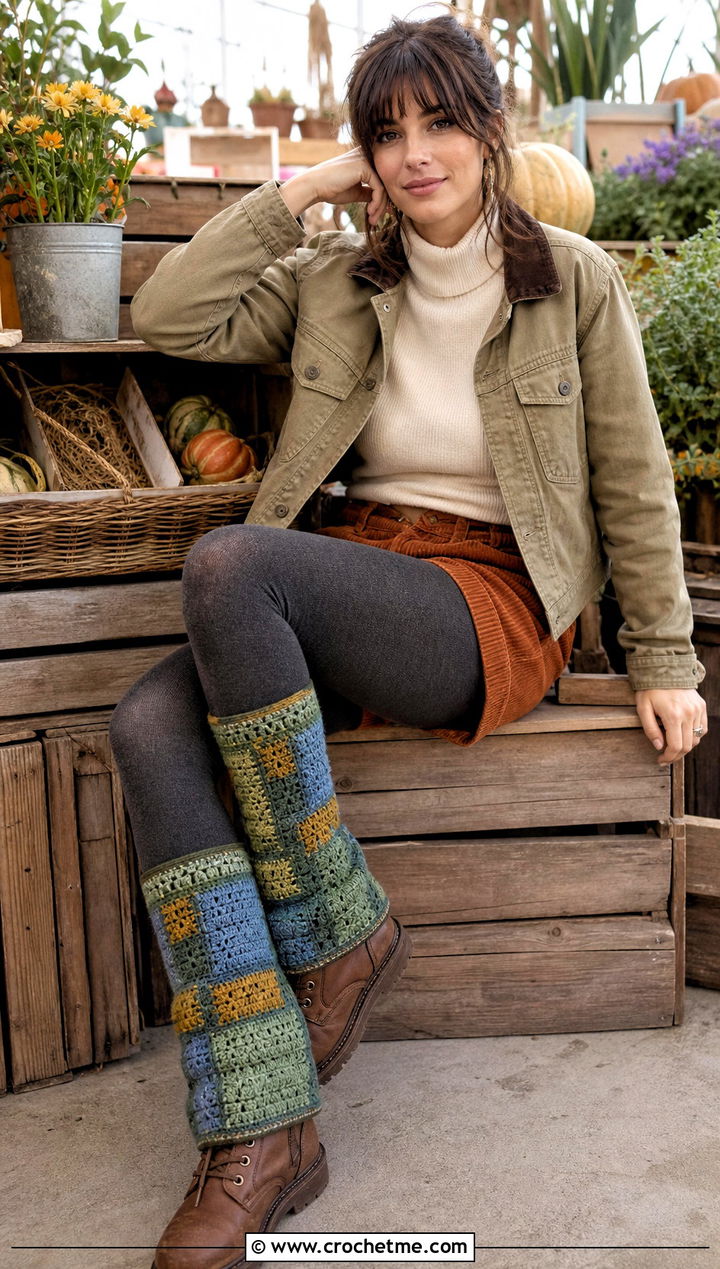 Patchwork Crochet Leg Warmers With Corduroy Shorts - 30 cute crochet leg warmers outfit ideas