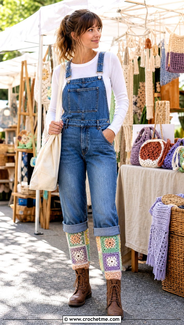 Patchwork Crochet Leg Warmers With Denim Overalls - 30 aesthetic crochet leg warmers outfit ideas