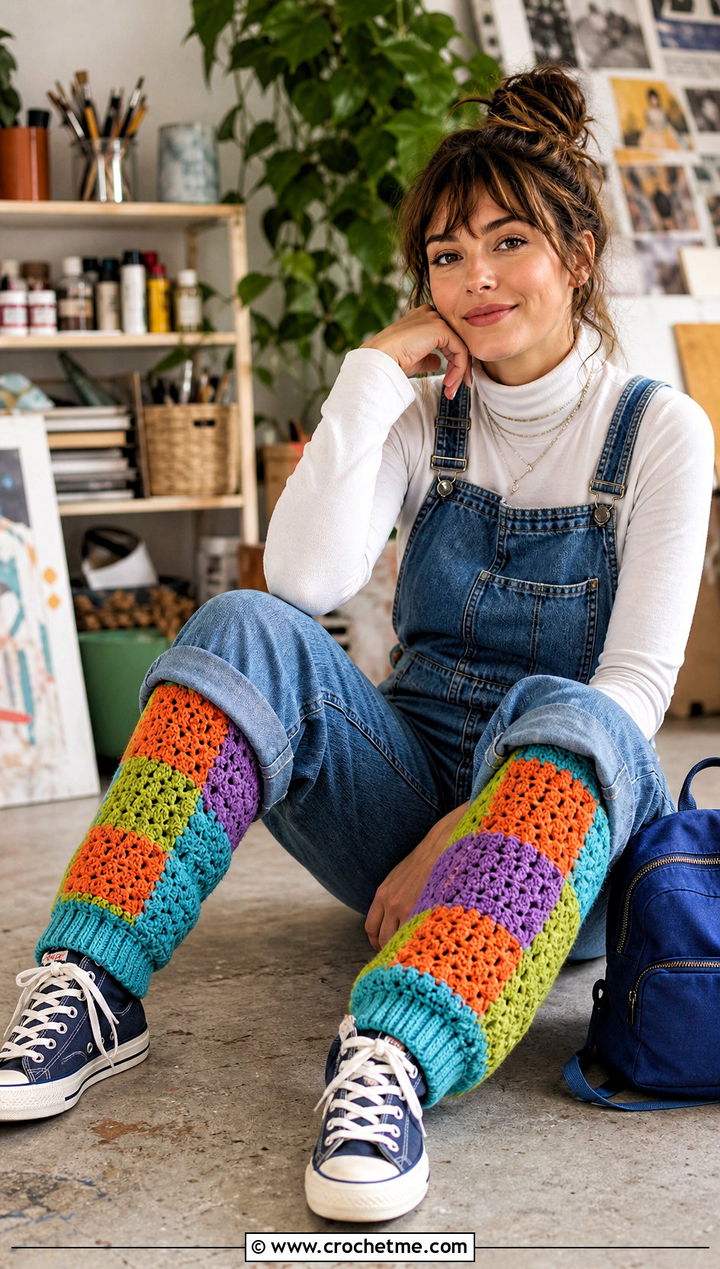 Patchwork Crochet Leg Warmers With Overalls And Canvas Sneakers - 25 Crochet Legwarmer outfit ideas