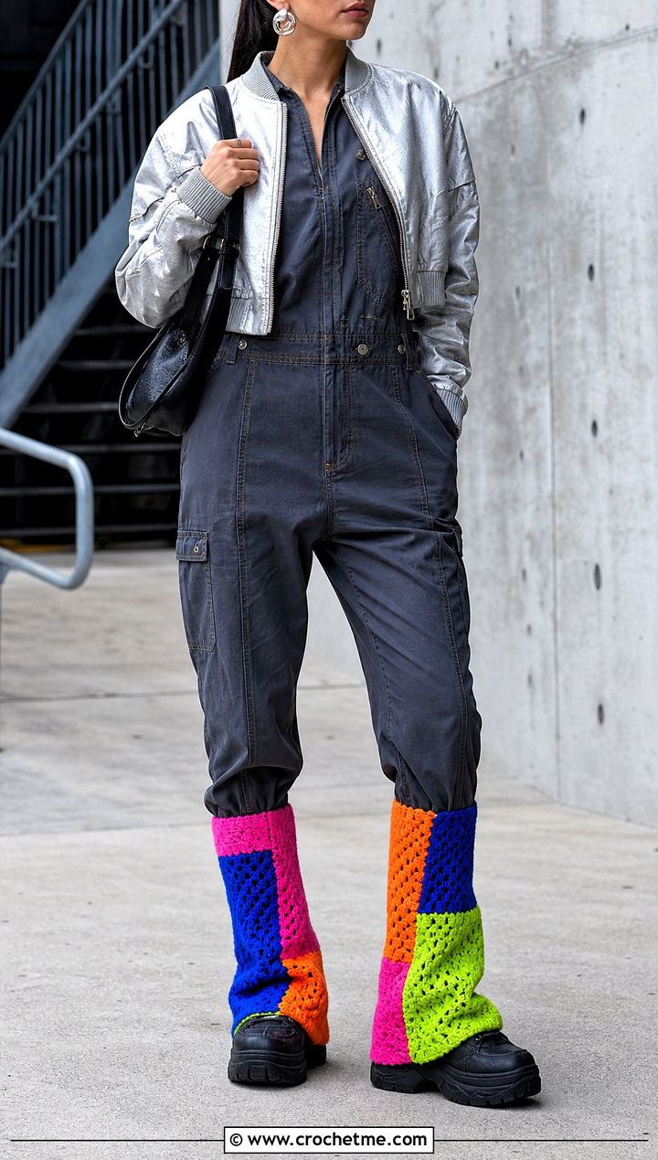 Patchwork Crochet Leg Warmers With Utility Jumpsuit - 20 Chunky Yarn Crochet Leg Warmers outfit ideas