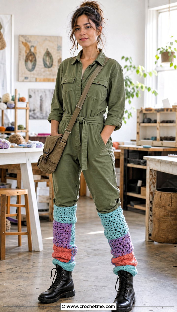 Patchwork Crochet Leg Warmers With Utility Jumpsuit - 25 diy crochet leg warmers outfit ideas