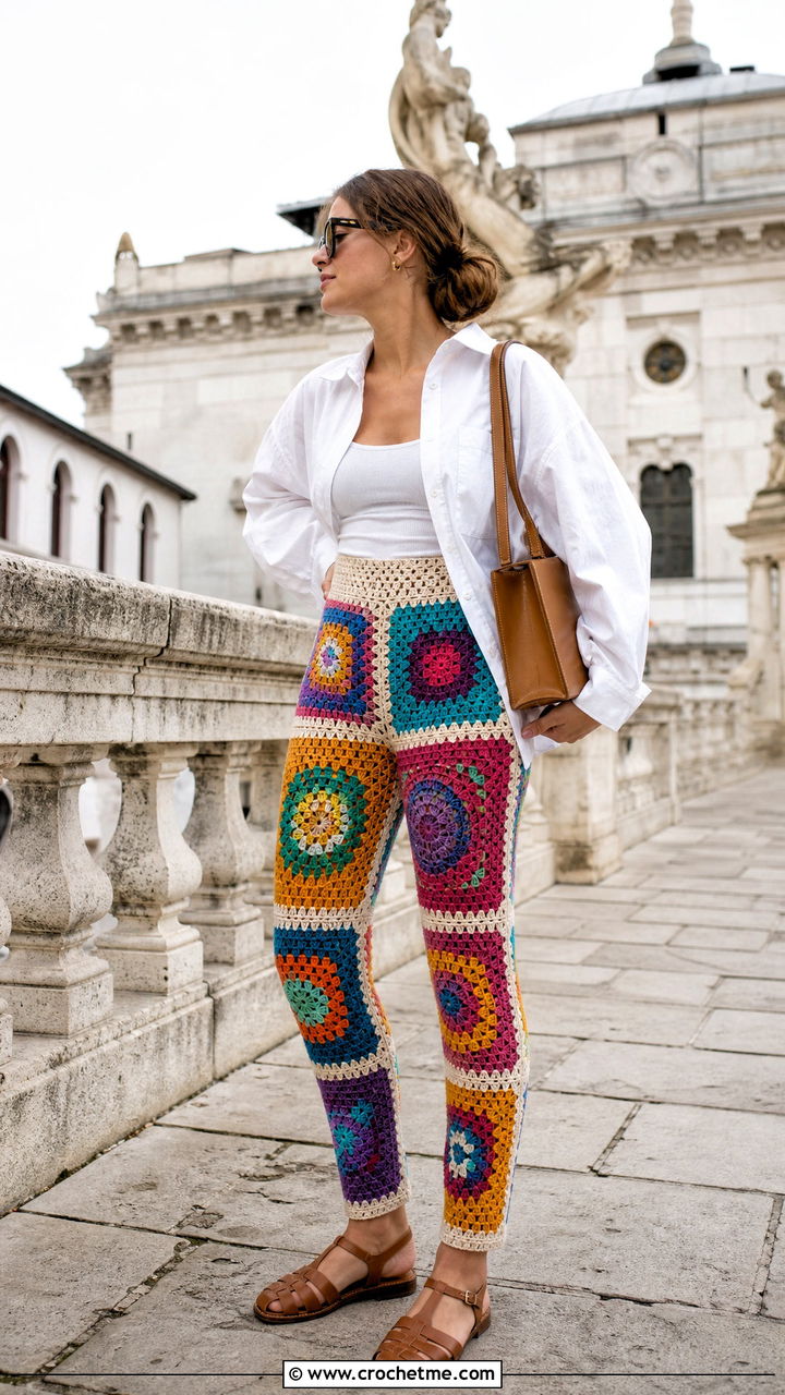 Patchwork Crochet Leggings With White Button Down - 35 crochet leggings outfit ideas
