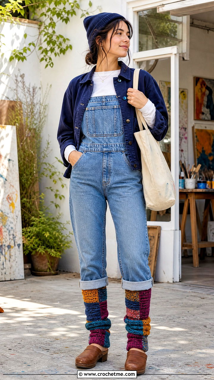 Patchwork Crochet Legwarmers With Overalls And Clogs - 35 crochet legwarmers outfit ideas