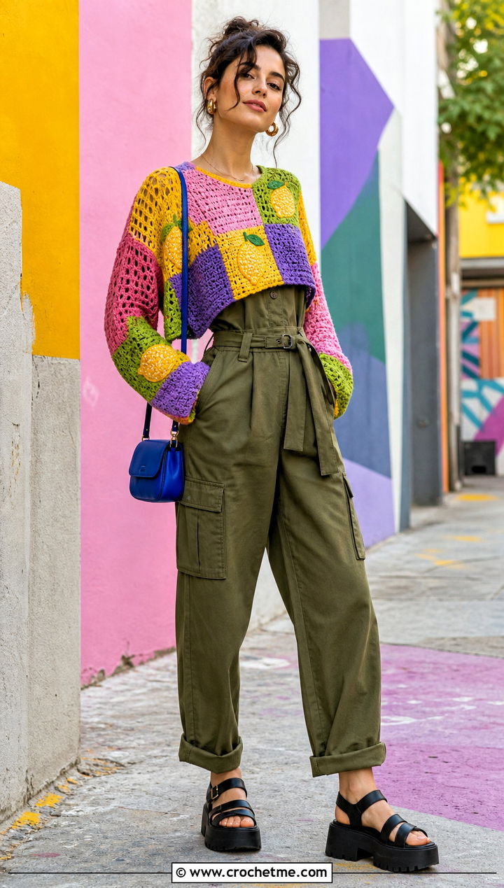 Patchwork Crochet Lemon Sweater With Utility Jumpsuit - 25 Crochet Lemon Sweater outfit ideas