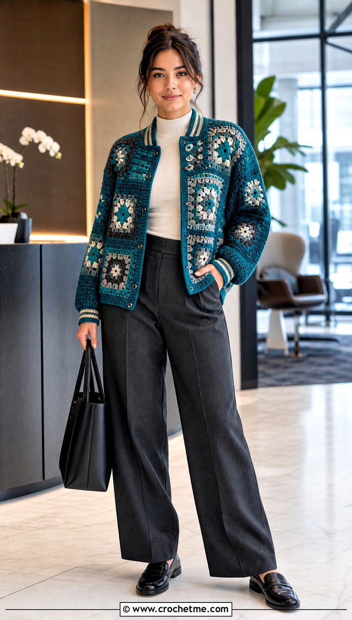 Patchwork Crochet Letterman Jacket With Tailored Trousers - 30 crochet letterman jacket outfit ideas