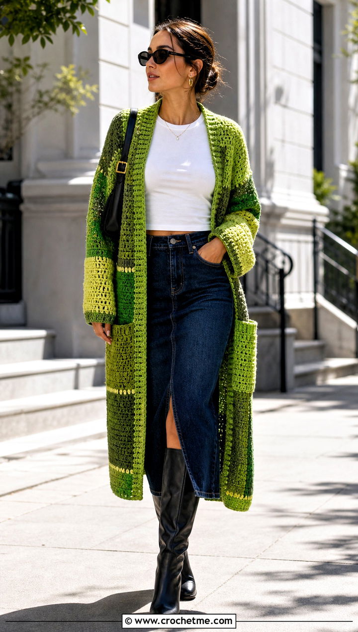 Patchwork Crochet Long Cardigan With Denim Midi Skirt - 15 crochet long cardigan with pockets outfit ideas