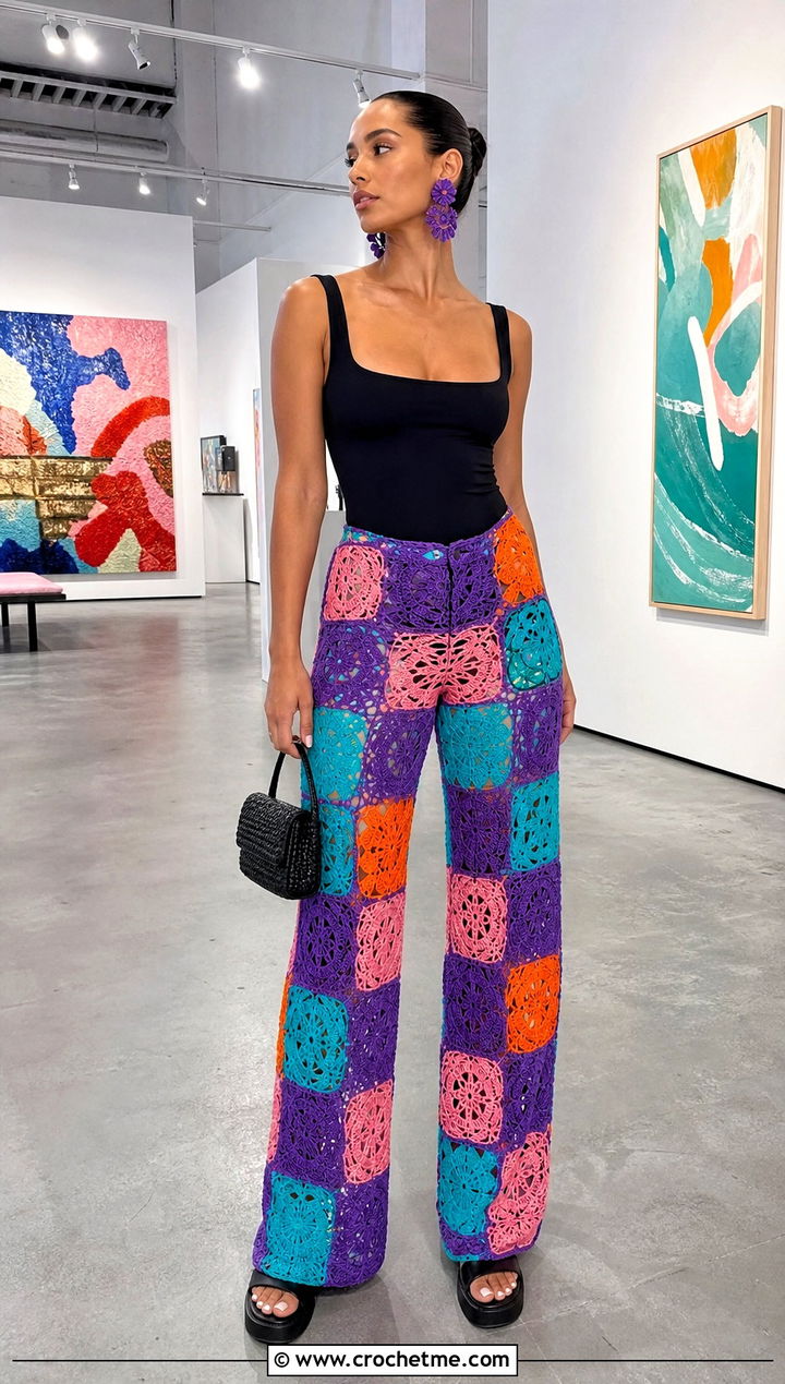 Patchwork Crochet Long Pants With Black Bodysuit - 30 Crochet Long Pants outfit ideas