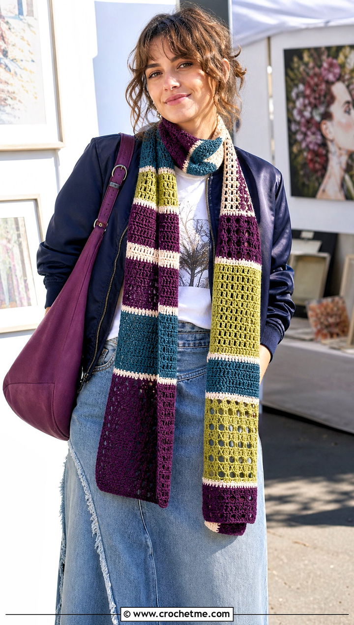 Patchwork Crochet Long Scarf With Graphic Tee And Denim Maxi Skirt - 25 Crochet Long Scarf outfit ideas