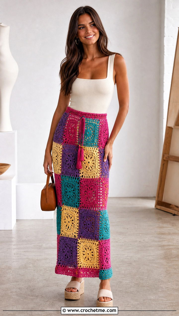 Patchwork Crochet Long Skirt With Fitted Bodysuit - 15 Crochet Long Skirt Aesthetic outfit ideas