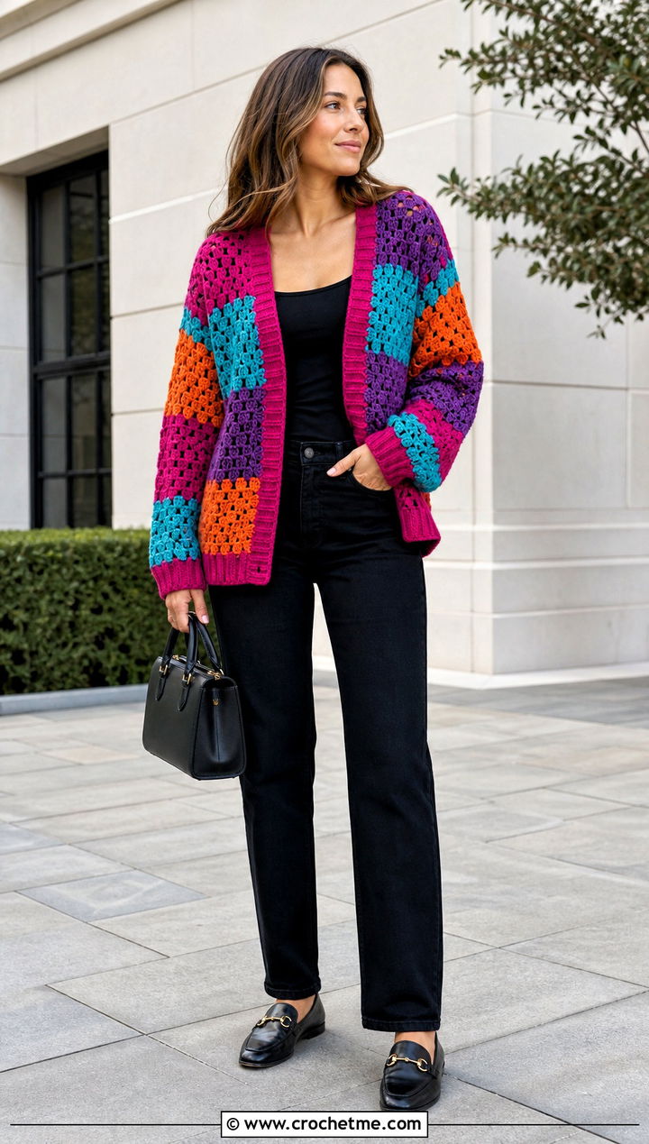 Patchwork Crochet Long Sleeve Cardigan With Black Denim - 25 Crochet Long Sleeve Cardigan outfit ideas