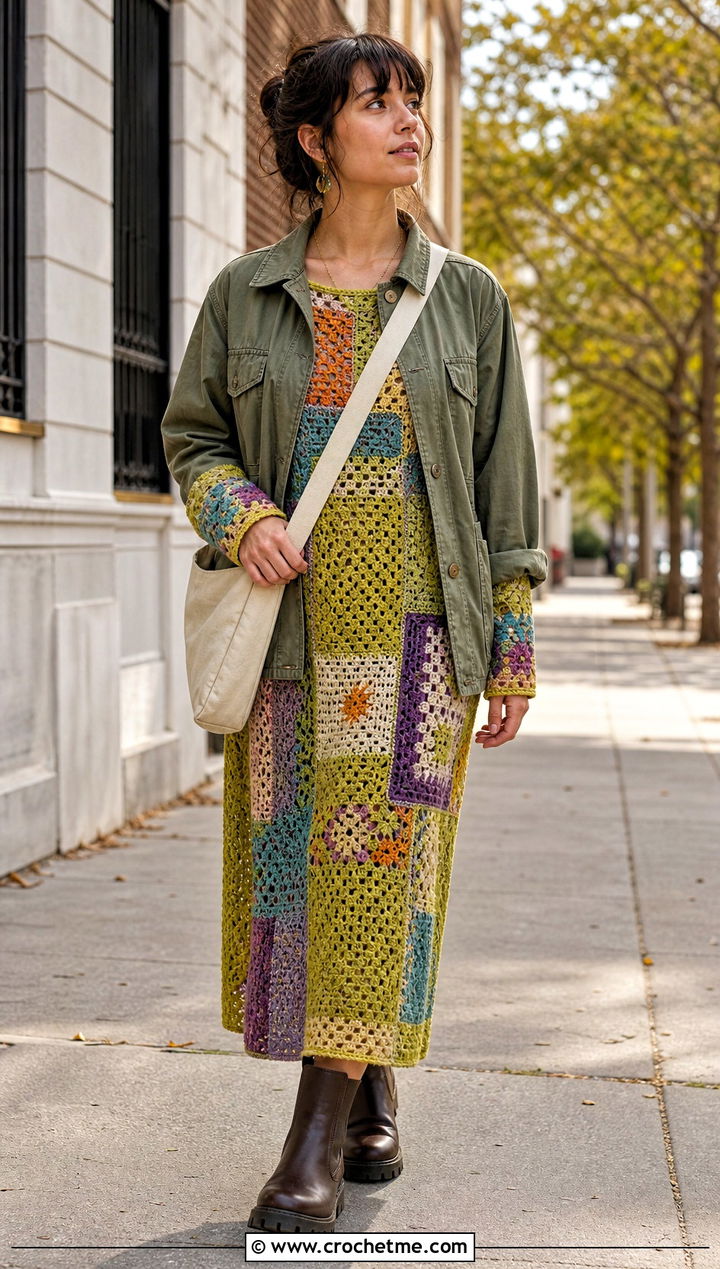 Patchwork Crochet Long Sleeve Midi Dress With Utility Jacket - 25 crochet long sleeve dress outfit ideas