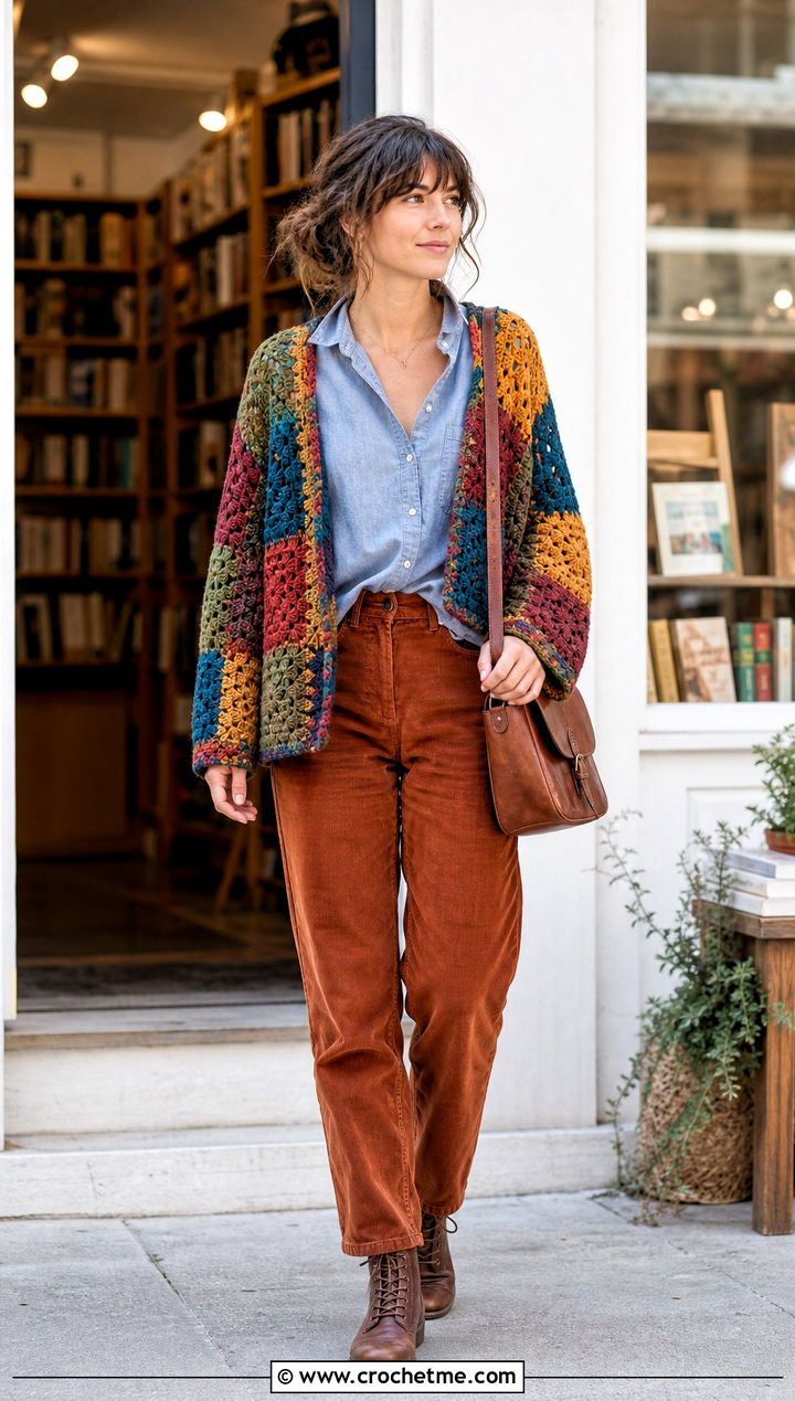 Patchwork Crochet Long Sleeve Shrug With Chambray Shirt And Corduroy Pants - 30 crochet long sleeve shrug outfit ideas