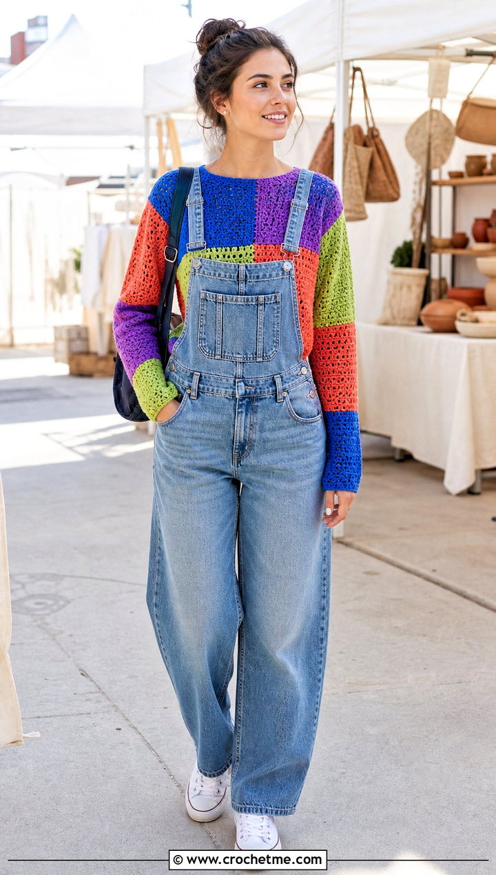 Patchwork Crochet Long Sleeve Top With Denim Overalls - 25 Easy Crochet Long Sleeve Top outfit ideas