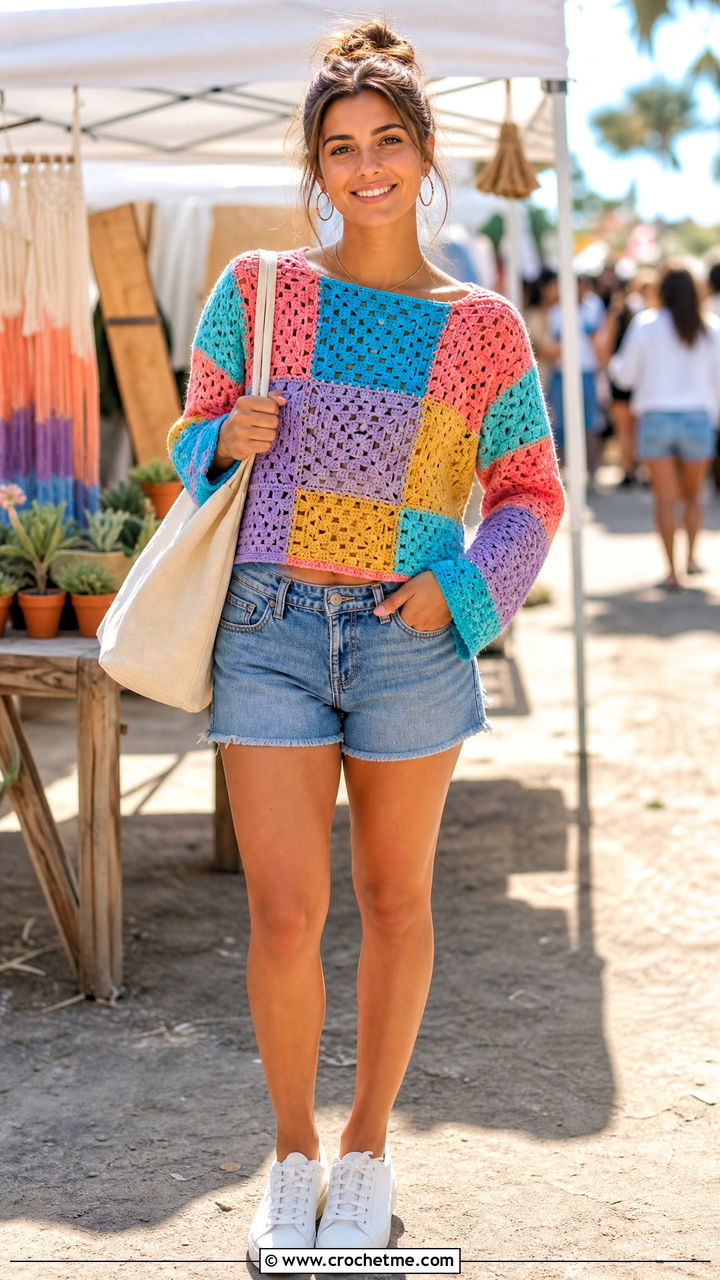 Patchwork Crochet Long Sleeve Top With Denim Shorts - 35 crochet long sleeve top outfit ideas