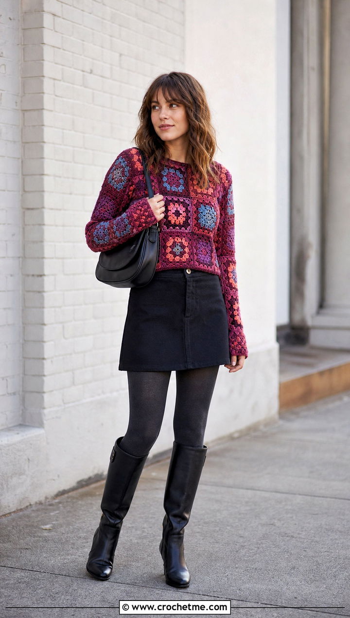 Patchwork Crochet Long Sleeved Top With Black Mini Skirt - 25 Crochet Long Sleeved Top outfit ideas