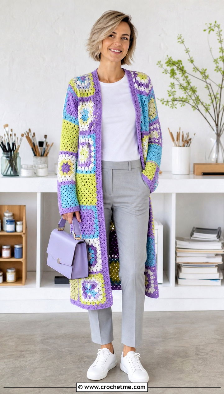 Patchwork Crochet Long Sweater With Neutral Basics - 35 crochet long sweater outfit ideas